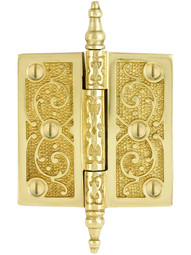 3 1/2 inch Solid Brass Steeple Tip Hinge With Decorative Vine Pattern.