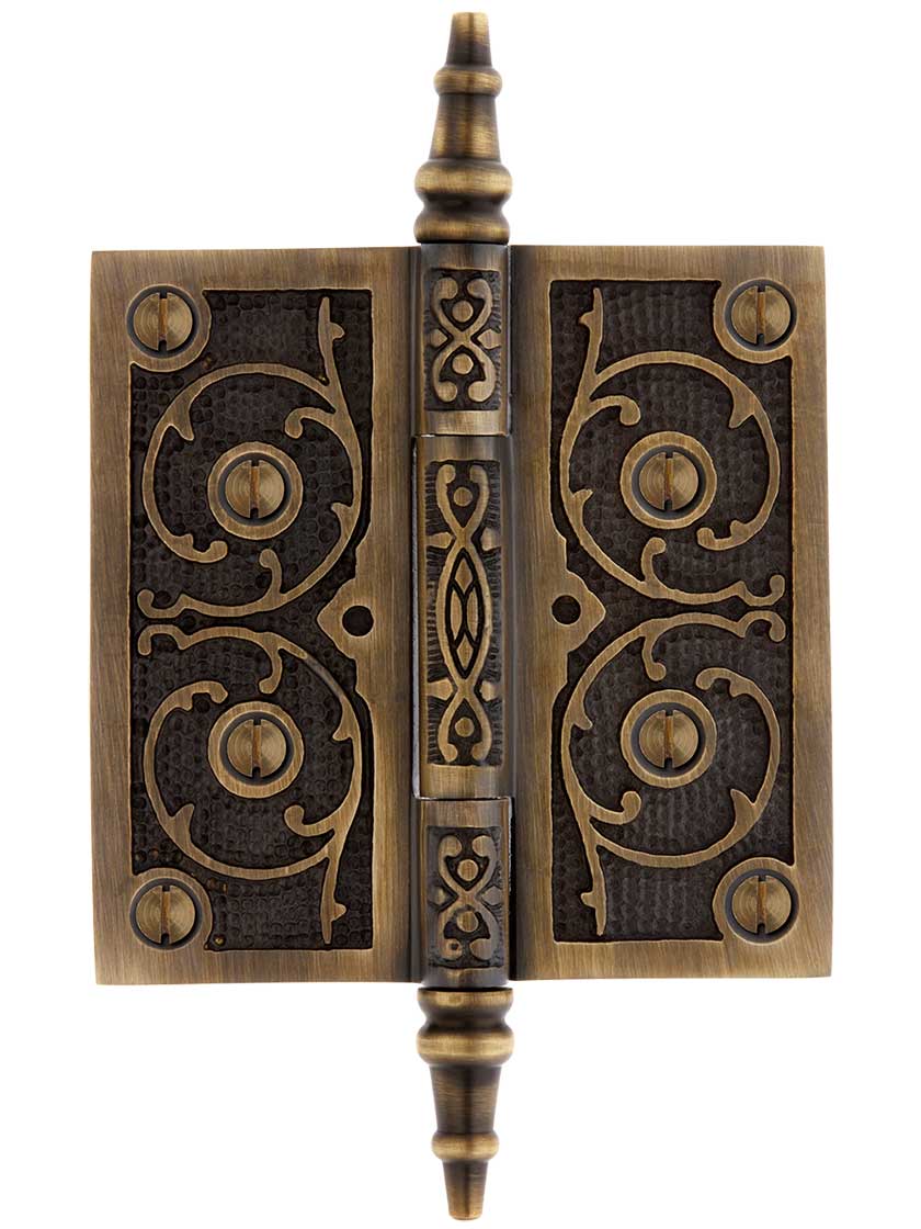 4 inch Decorative Vine Pattern Hinge In Antique-By-Hand Finish.