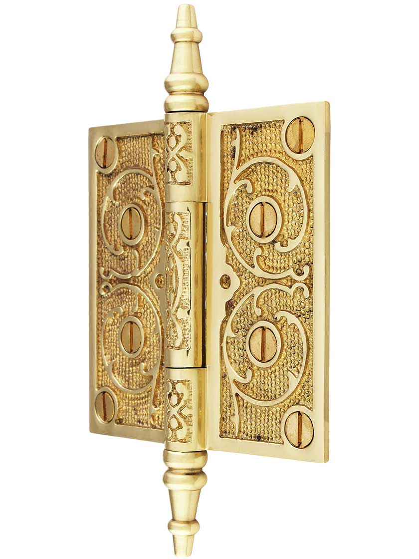 Alternate View of 4 inch Solid Brass Steeple Tip Hinge With Decorative Vine Pattern.
