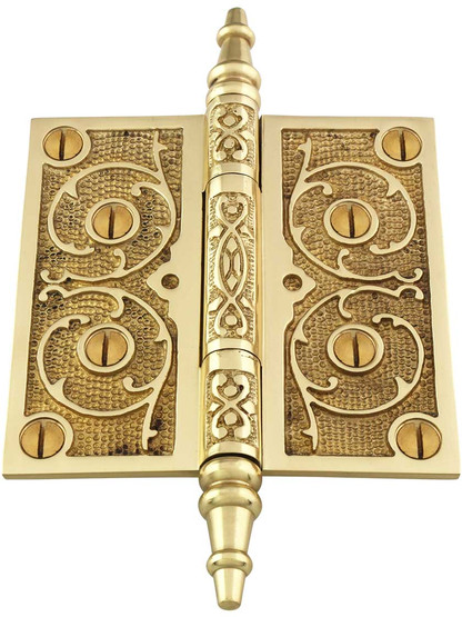 Alternate View 2 of 4 inch Solid Brass Steeple Tip Hinge With Decorative Vine Pattern.