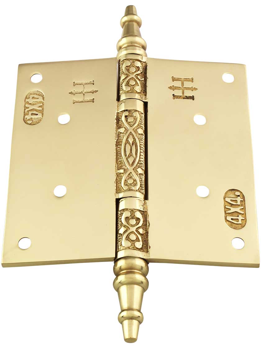 Alternate View 3 of 4 inch Solid Brass Steeple Tip Hinge With Decorative Vine Pattern.