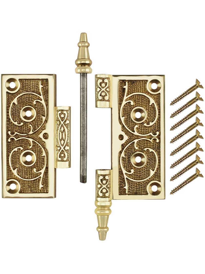 4" Solid Brass Steeple Tip Hinge With Decorative Vine Pattern