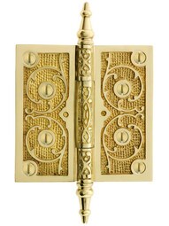 4" Solid Brass Steeple Tip Hinge With Decorative Vine Pattern