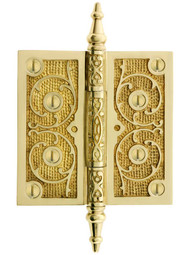 4 inch Solid Brass Steeple Tip Hinge With Decorative Vine Pattern.
