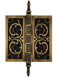 4 1/2-Inch Solid Brass Steeple Tip Hinge With Decorative Vine Pattern in Antique-By-Hand.