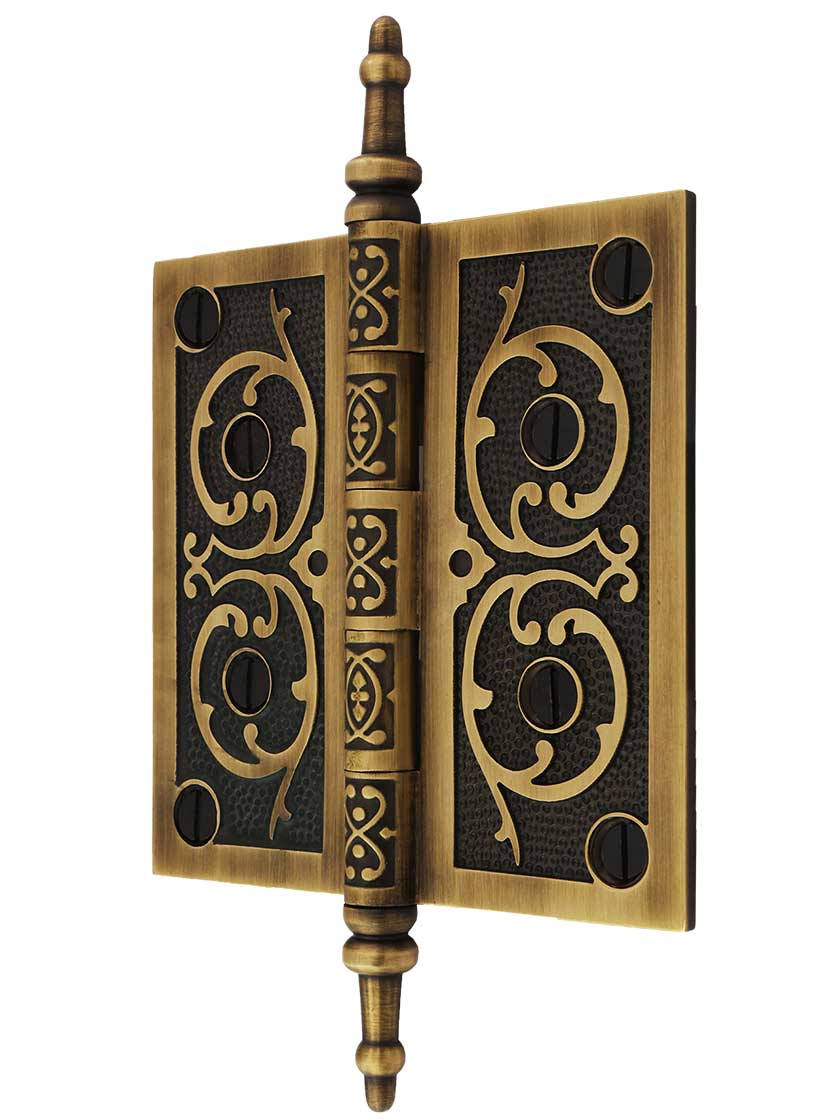 Alternate View of 4 1/2-Inch Solid Brass Steeple Tip Hinge With Decorative Vine Pattern in Antique-By-Hand.