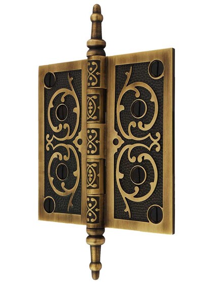Alternate View of 4 1/2-Inch Solid Brass Steeple Tip Hinge With Decorative Vine Pattern in Antique-By-Hand.