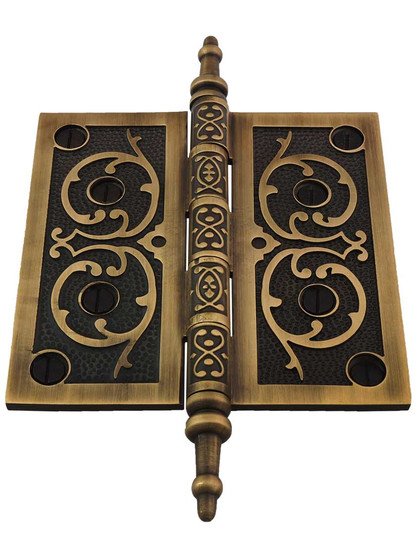 Alternate View 2 of 4 1/2-Inch Solid Brass Steeple Tip Hinge With Decorative Vine Pattern in Antique-By-Hand.