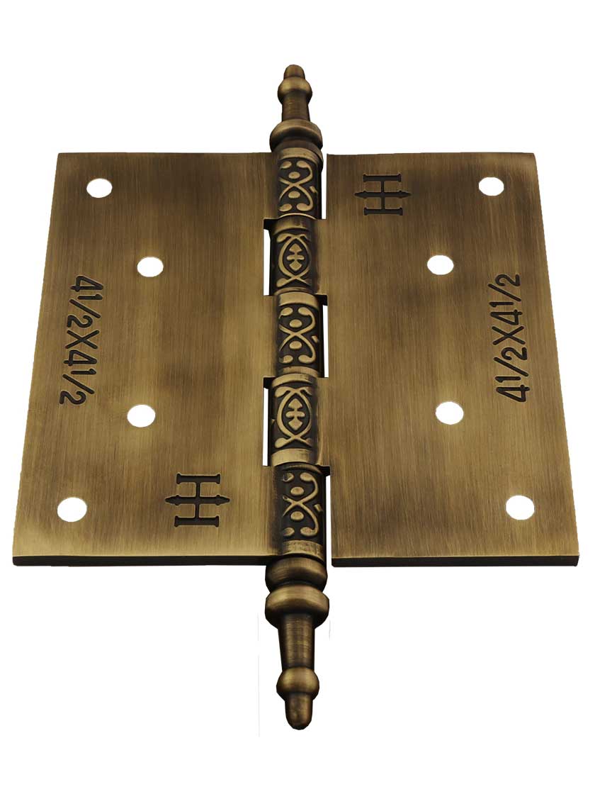 Alternate View 3 of 4 1/2-Inch Solid Brass Steeple Tip Hinge With Decorative Vine Pattern in Antique-By-Hand.
