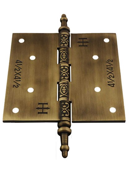 Alternate View 3 of 4 1/2-Inch Solid Brass Steeple Tip Hinge With Decorative Vine Pattern in Antique-By-Hand.