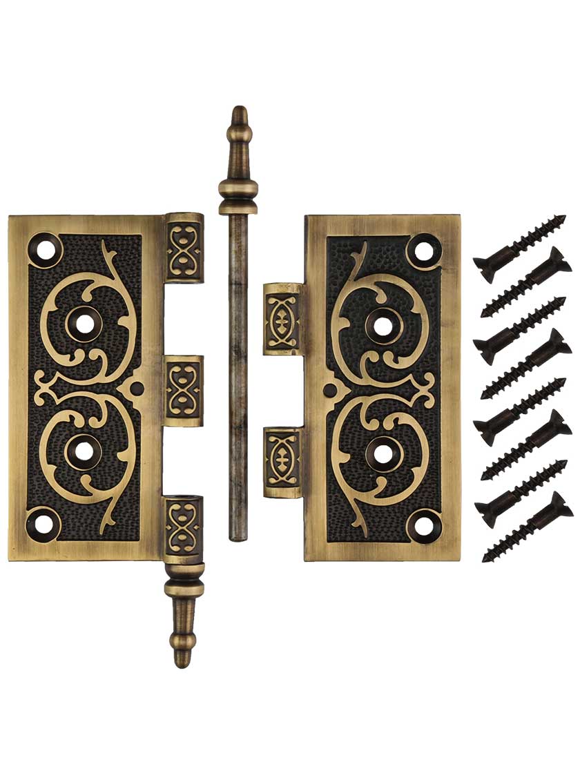 Alternate View 4 of 4 1/2-Inch Solid Brass Steeple Tip Hinge With Decorative Vine Pattern in Antique-By-Hand.