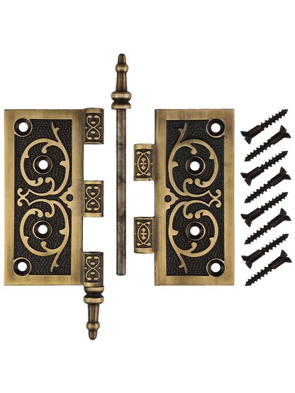 Alternate View 4 of 4 1/2-Inch Solid Brass Steeple Tip Hinge With Decorative Vine Pattern in Antique-By-Hand.