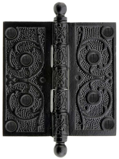 4 1/2 inch Black Iron Ball Tip Hinge With Decorative Vine Pattern