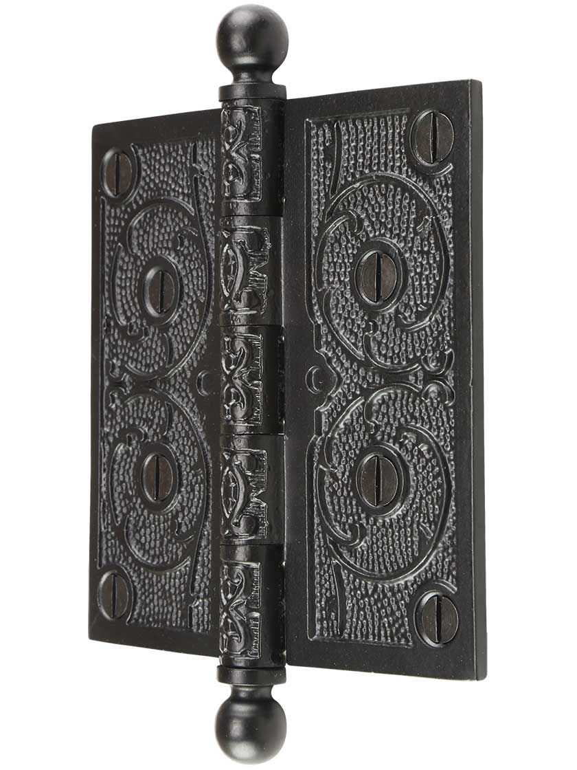 Alternate View of 4 1/2 inch Black Iron Ball Tip Hinge With Decorative Vine Pattern