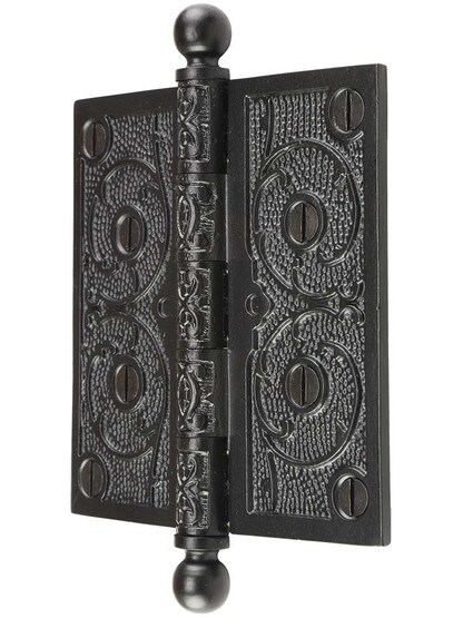 Alternate View of 4 1/2 inch Black Iron Ball Tip Hinge With Decorative Vine Pattern