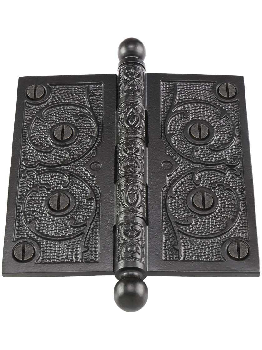 Alternate View 2 of 4 1/2 inch Black Iron Ball Tip Hinge With Decorative Vine Pattern