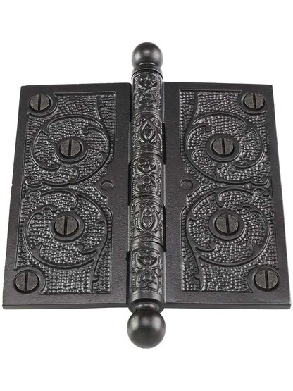 Alternate View 2 of 4 1/2 inch Black Iron Ball Tip Hinge With Decorative Vine Pattern