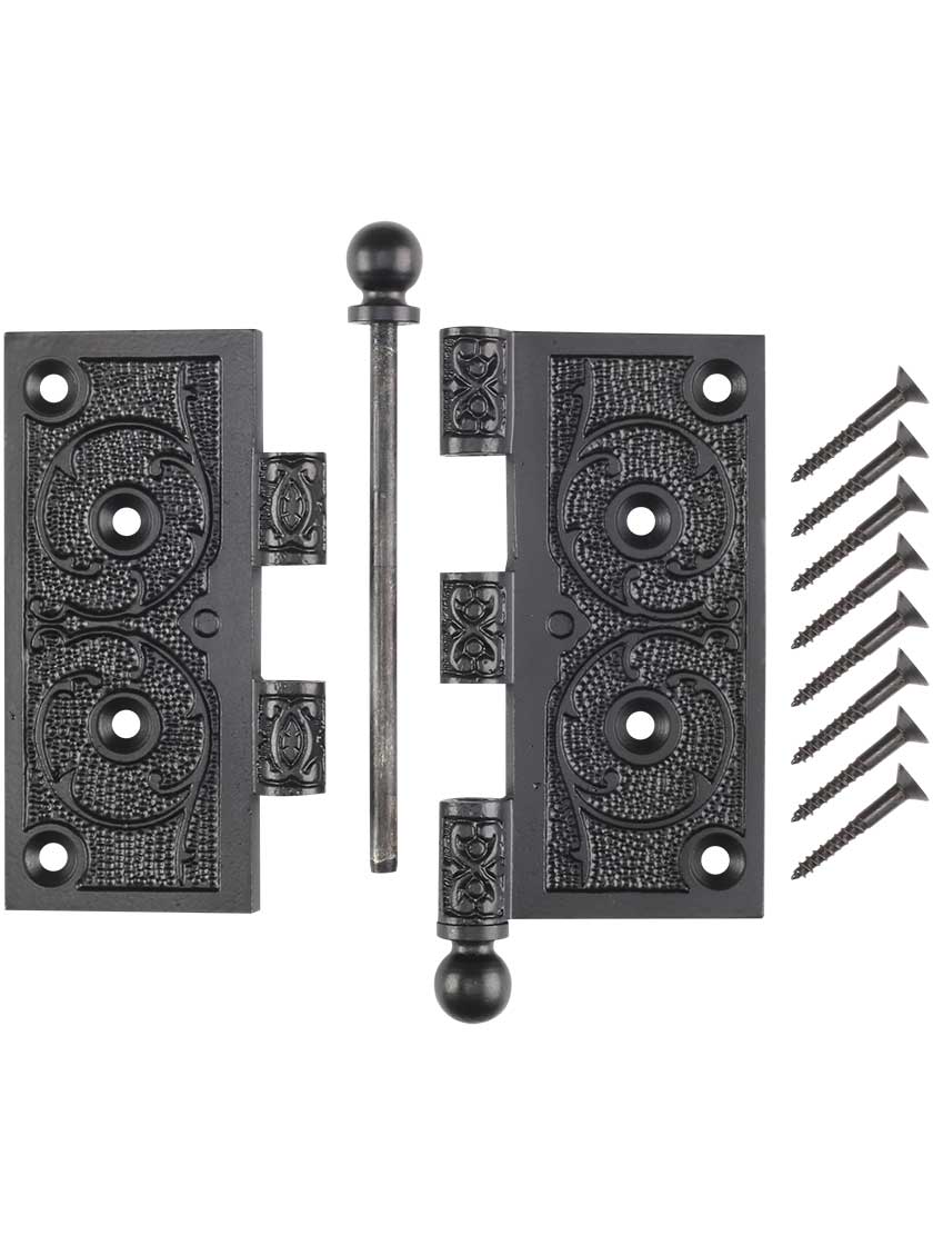 Alternate View 4 of 4 1/2 inch Black Iron Ball Tip Hinge With Decorative Vine Pattern
