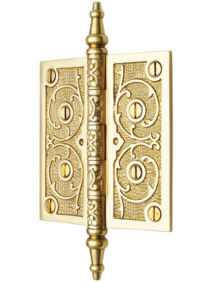 Alternate View of 4 1/2 inch Solid Brass Steeple Tip Hinge With Decorative Vine Pattern.