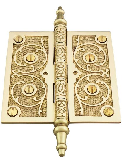 Alternate View 2 of 4 1/2 inch Solid Brass Steeple Tip Hinge With Decorative Vine Pattern.