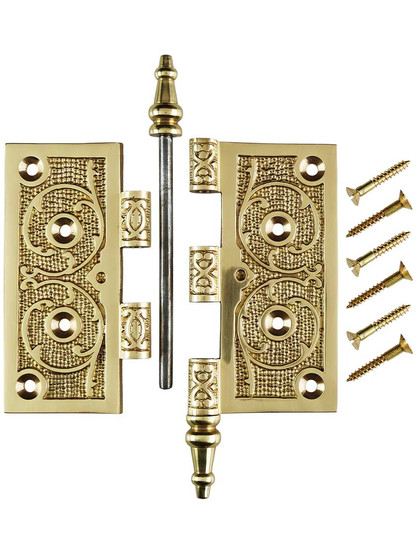 Alternate View 4 of 4 1/2 inch Solid Brass Steeple Tip Hinge With Decorative Vine Pattern.