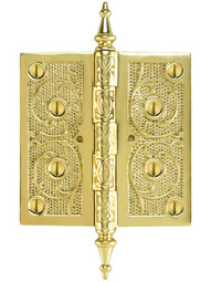 4 1/2 inch Solid Brass Steeple Tip Hinge With Decorative Vine Pattern.