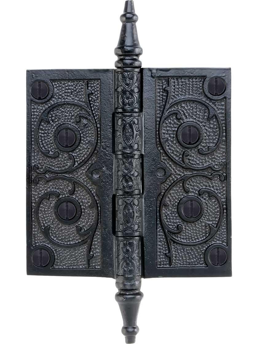 4 1/2 inch Black Iron Steeple Tip Hinge With Decorative Vine Pattern