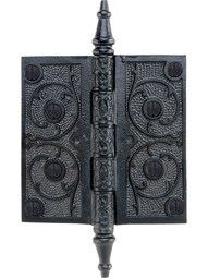 4 1/2" Black Iron Steeple Tip Hinge With Decorative Vine Pattern