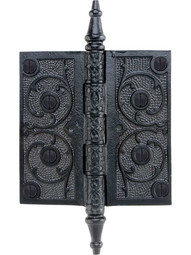 4 1/2 inch Black Iron Steeple Tip Hinge With Decorative Vine Pattern