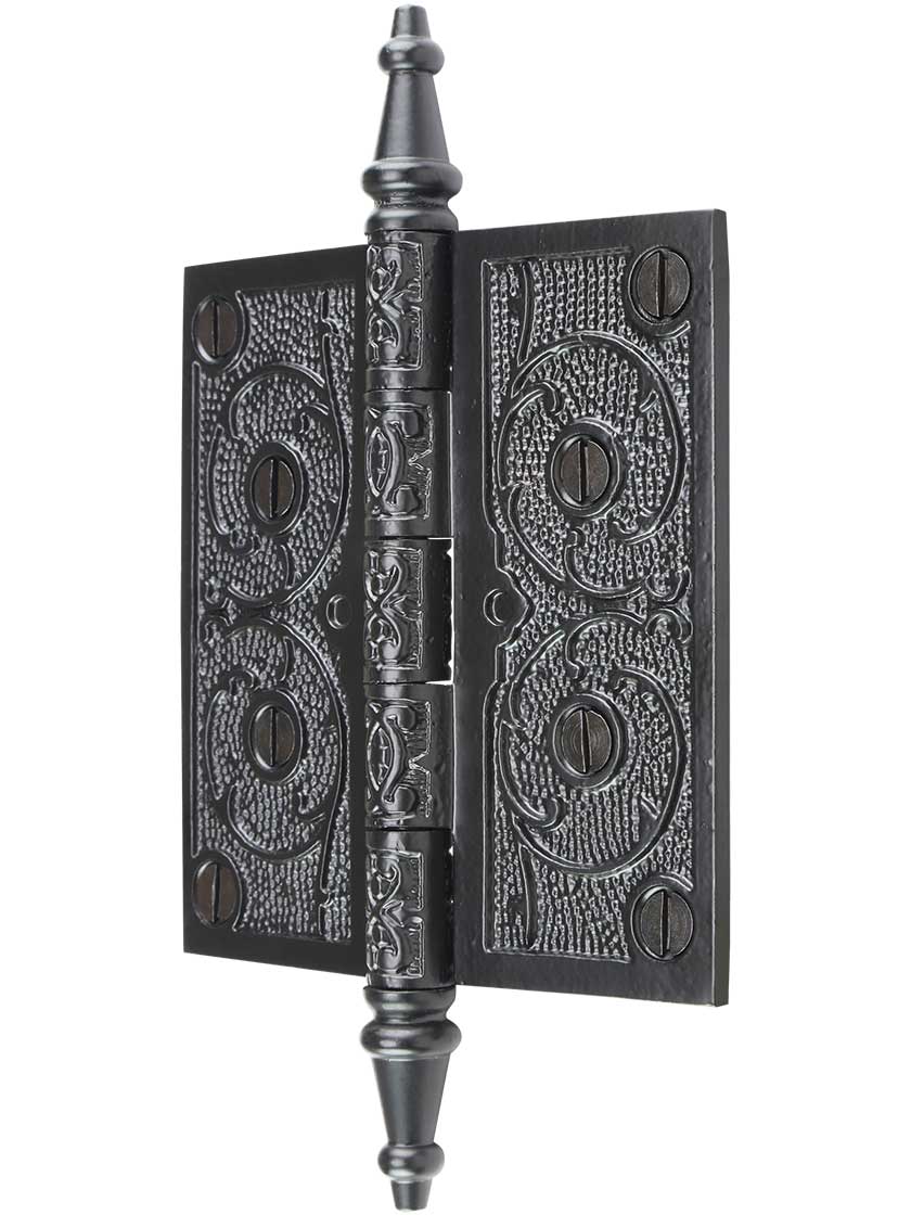 Alternate View of 4 1/2 inch Black Iron Steeple Tip Hinge With Decorative Vine Pattern