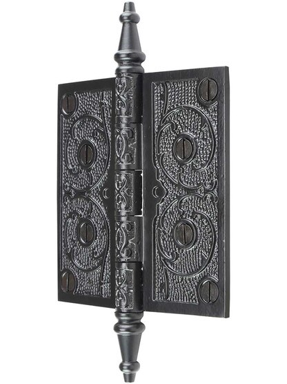 Alternate View of 4 1/2 inch Black Iron Steeple Tip Hinge With Decorative Vine Pattern
