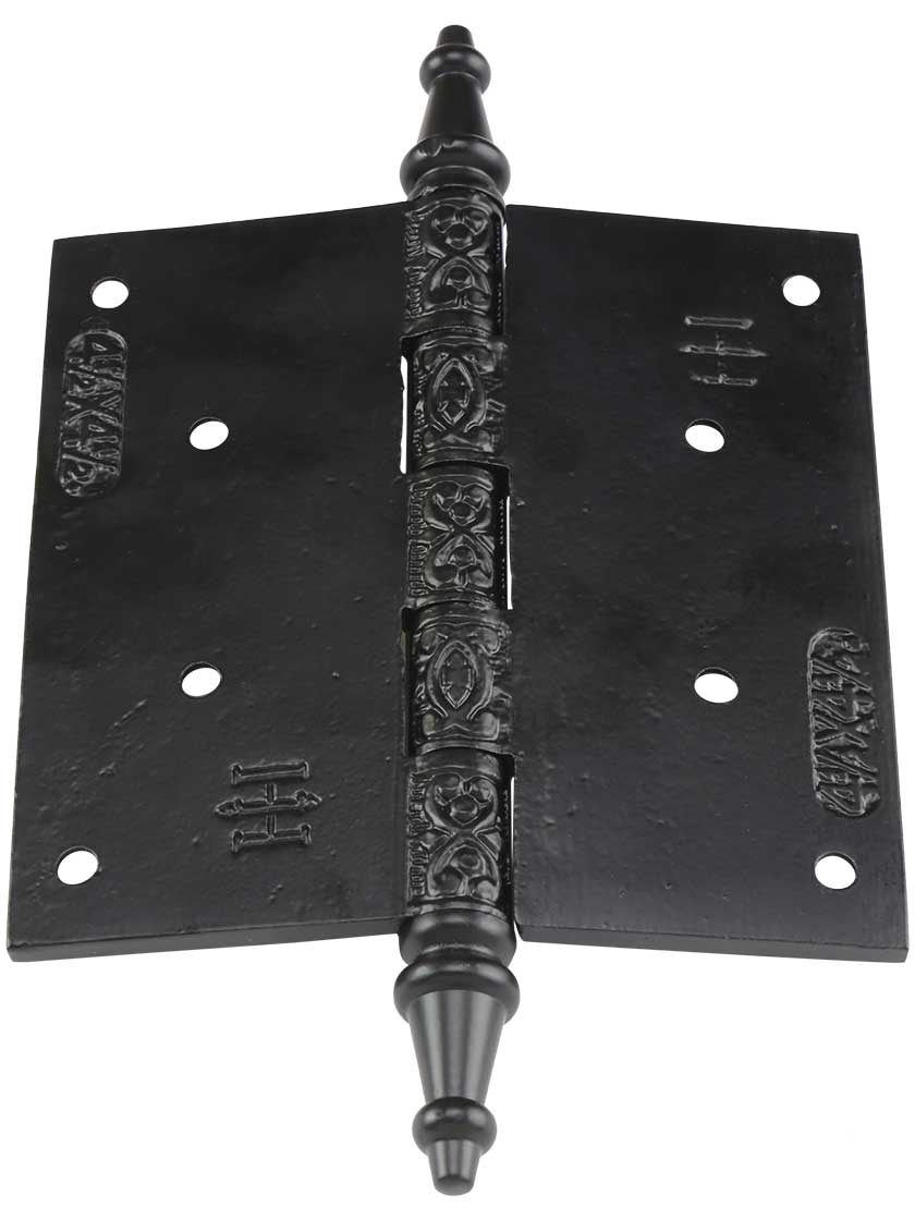 Alternate View 3 of 4 1/2 inch Black Iron Steeple Tip Hinge With Decorative Vine Pattern