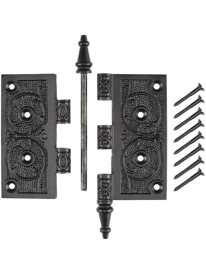 Alternate View 4 of 4 1/2 inch Black Iron Steeple Tip Hinge With Decorative Vine Pattern