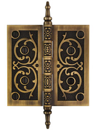 5-Inch Solid Brass Steeple Tip Hinge With Decorative Vine Pattern in Antique-By-Hand.