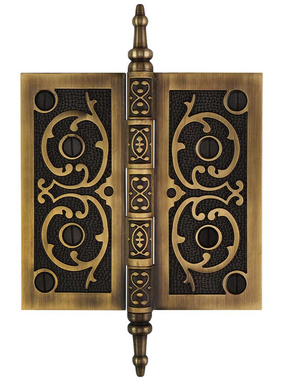 5-Inch Solid Brass Steeple Tip Hinge With Decorative Vine Pattern in Antique-By-Hand.