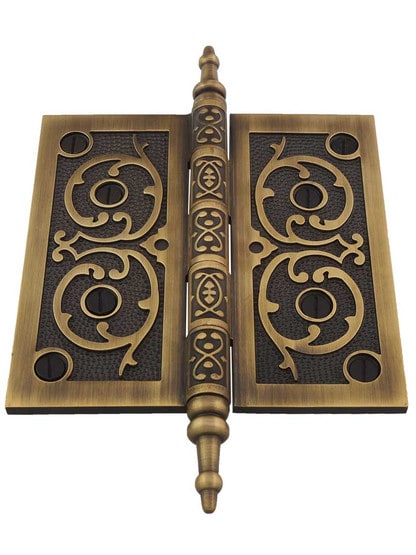 Alternate View 2 of 5-Inch Solid Brass Steeple Tip Hinge With Decorative Vine Pattern in Antique-By-Hand.