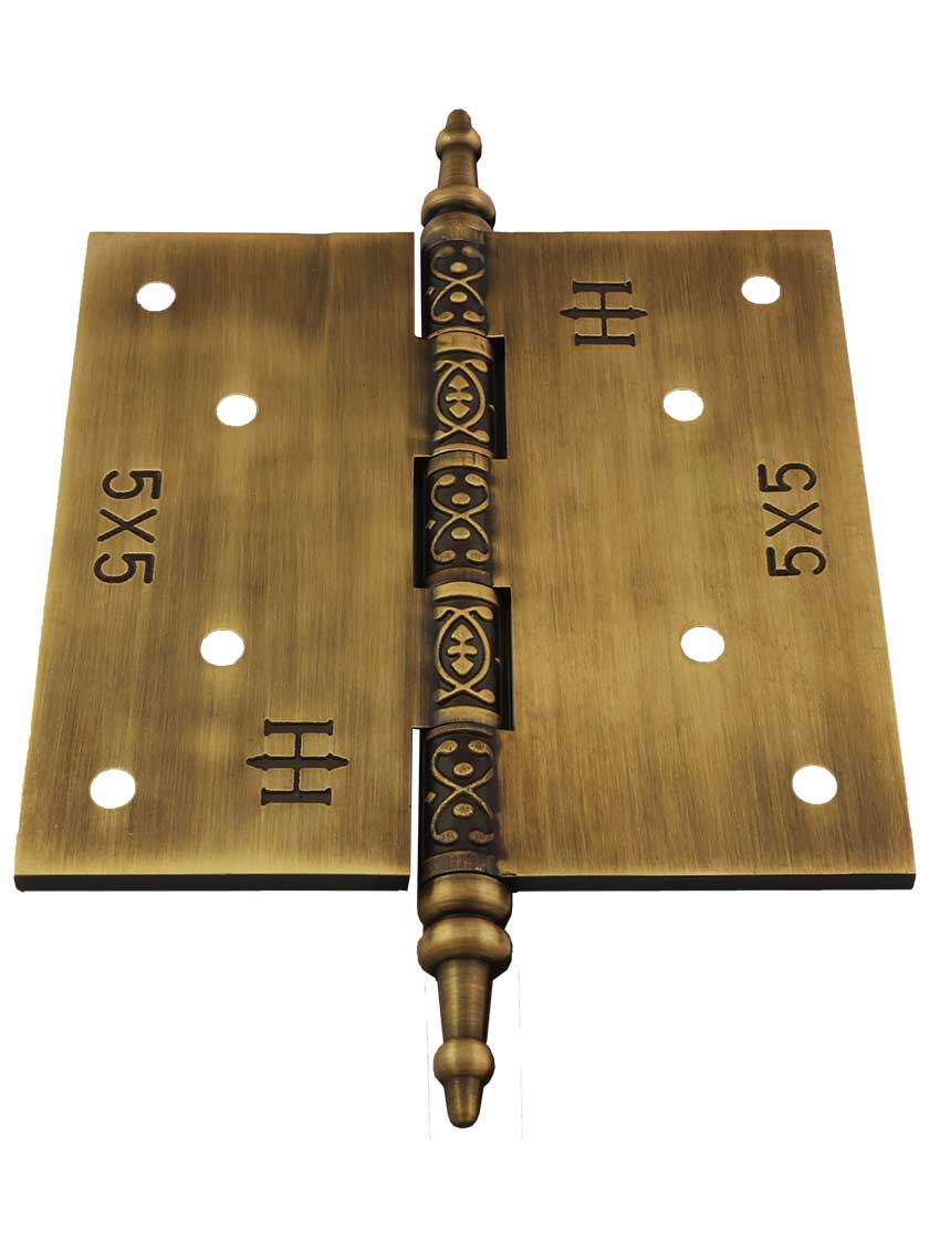 Alternate View 3 of 5-Inch Solid Brass Steeple Tip Hinge With Decorative Vine Pattern in Antique-By-Hand.