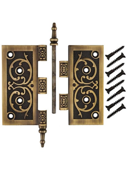 Alternate View 4 of 5-Inch Solid Brass Steeple Tip Hinge With Decorative Vine Pattern in Antique-By-Hand.