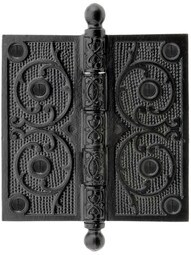 Black Iron Ball-Tip Hinge with Decorative Vine Pattern - 5"