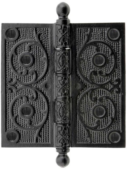 5 inch Black Iron Ball Tip Hinge With Decorative Vine Pattern