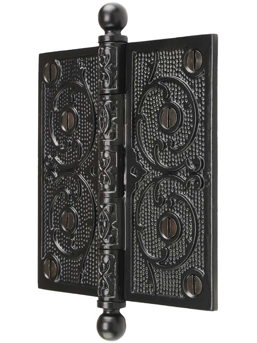 Alternate View of 5 inch Black Iron Ball Tip Hinge With Decorative Vine Pattern