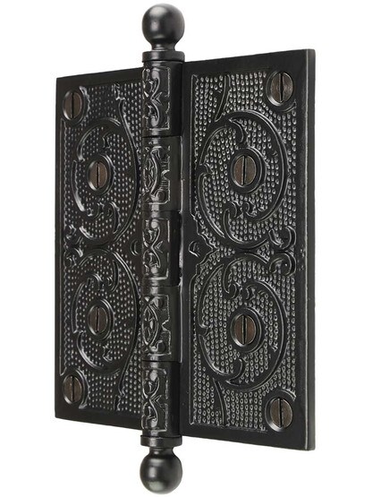 Alternate View of 5 inch Black Iron Ball Tip Hinge With Decorative Vine Pattern
