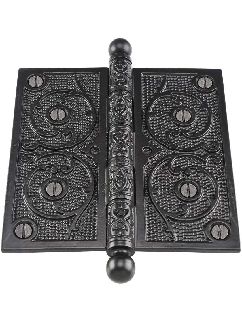 Alternate View 2 of 5 inch Black Iron Ball Tip Hinge With Decorative Vine Pattern