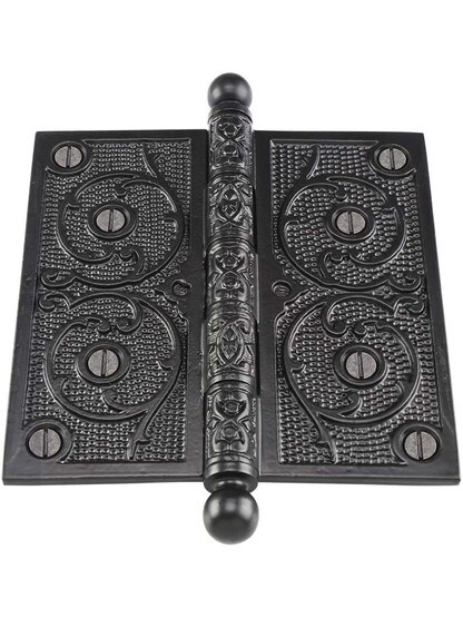 Alternate View 2 of 5 inch Black Iron Ball Tip Hinge With Decorative Vine Pattern