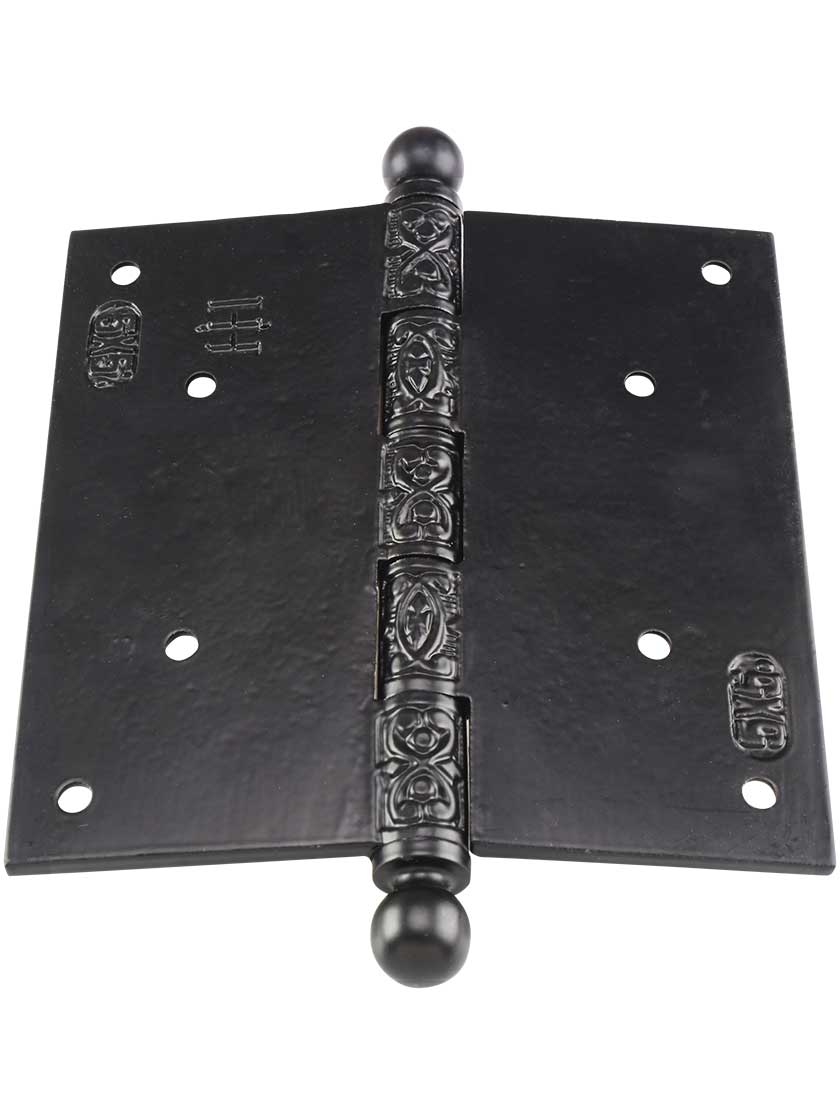 Alternate View 3 of 5 inch Black Iron Ball Tip Hinge With Decorative Vine Pattern