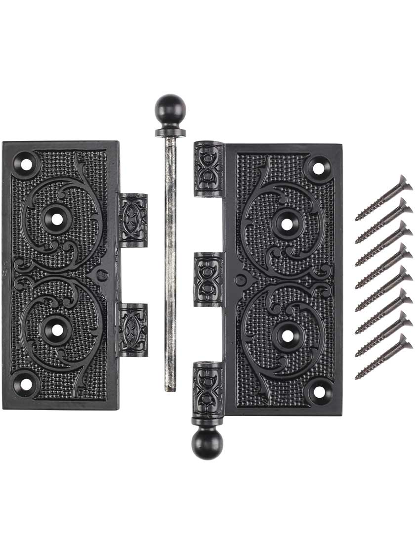 Alternate View 4 of 5 inch Black Iron Ball Tip Hinge With Decorative Vine Pattern