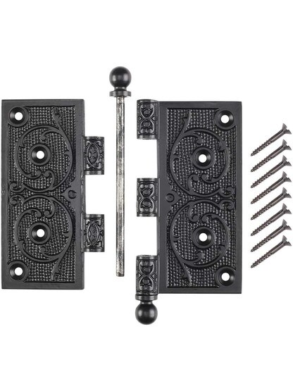 Alternate View 4 of 5 inch Black Iron Ball Tip Hinge With Decorative Vine Pattern