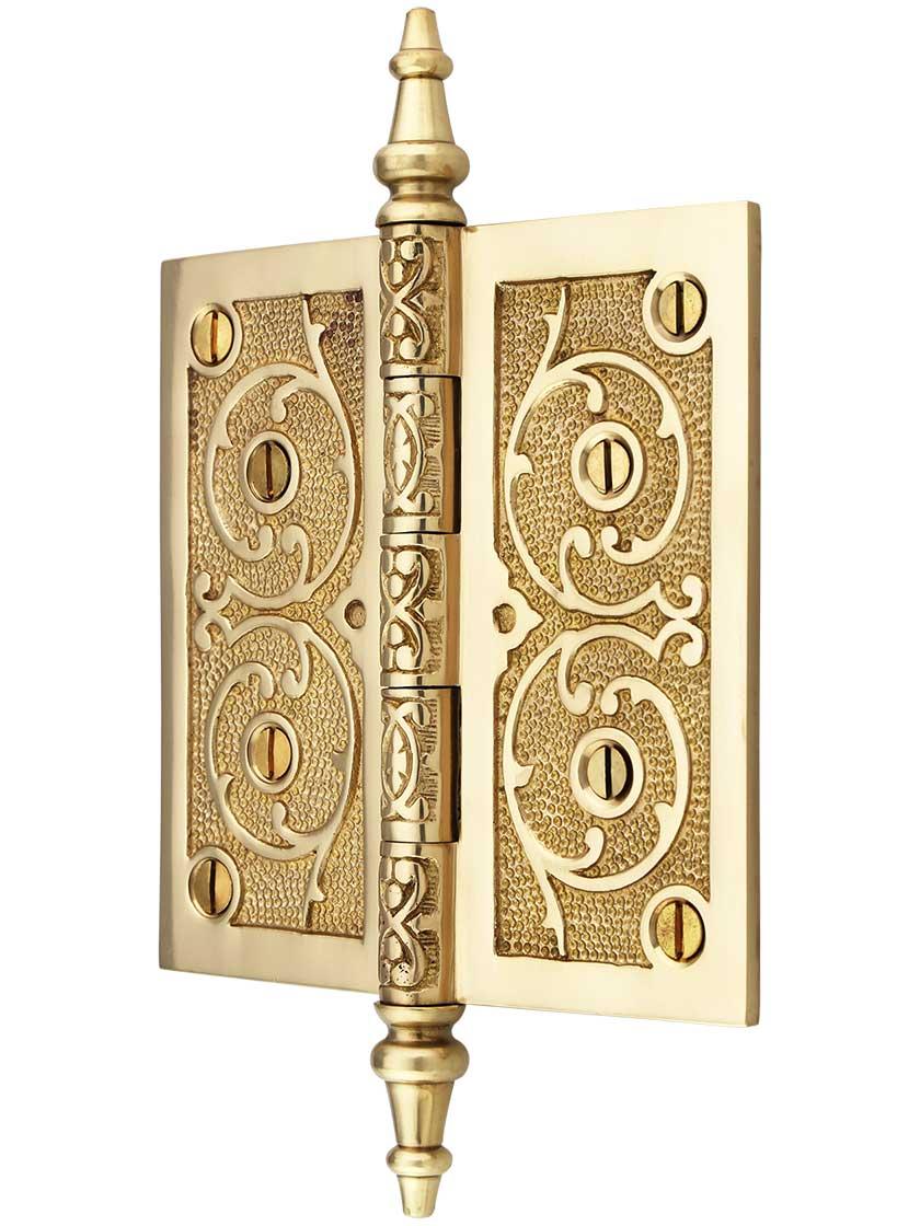 Alternate View of 5 inch Solid Brass Steeple Tip Hinge With Decorative Vine Pattern.