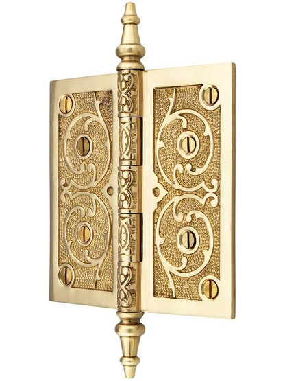 Alternate View of 5 inch Solid Brass Steeple Tip Hinge With Decorative Vine Pattern.