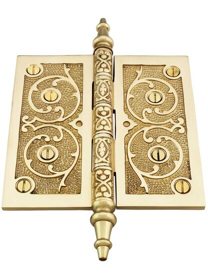 Alternate View 2 of 5 inch Solid Brass Steeple Tip Hinge With Decorative Vine Pattern.